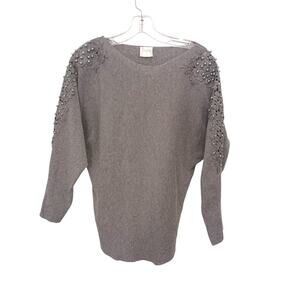Siren Lily Maternity Sweater Sz PL GRAY Embellished PEARLS Elegant Floral Lace